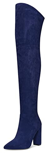 Aachcol Mujer Sobre la Rodilla Botas Chunky Ancho Alto High Heel Puntiaguada Punta Cremallera 10 CM Azul Marino Ante 36 EU