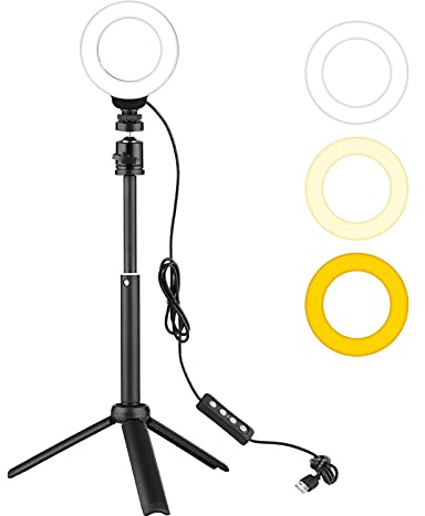 Andoer Mini kit di luci ad anello a LED da 4 pollici con 1 * luce ad anello 3200K-6500K dimmerabile alimentato tramite USB + 1 * treppiede da tavolo + 1 * testa a sfera in metallo flessibile