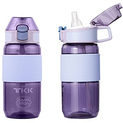TKK Trinkflasche mit Strohhalm 450ml Wasserflasche Auslaufsicher BPA-frei Tritan Spotr trinkflasche für Fahrrad Camping Yoga Gym Lila 1003