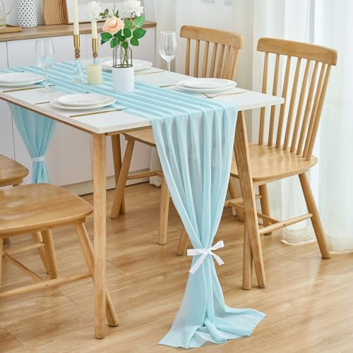 CHUQING Chiffon Tischläufer Hellblau Azurblau 70cm x 300cm für Geburtstage,Hochzeiten,Feierlichkeiten,Tiffany-Blau
