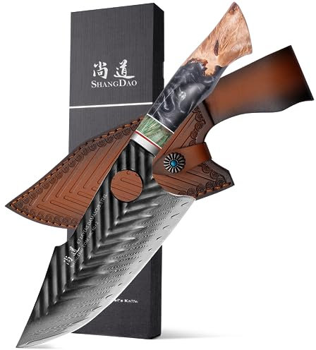 SHANGDAO Damaskus Fleischermesser Wikinger-Beil Ausbeinmesser Japanmesser mit Lederscheide, 17 cm, 67 Schichten Stahl, professionell von Hand geschmiedeter Griff aus Harz & Holz