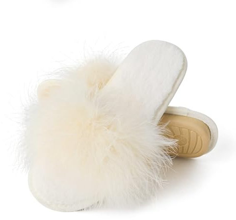 fur story Women's Furry Slippers Open Toe Fuzzy Slippers Memory Foam Fluffy House Slippers