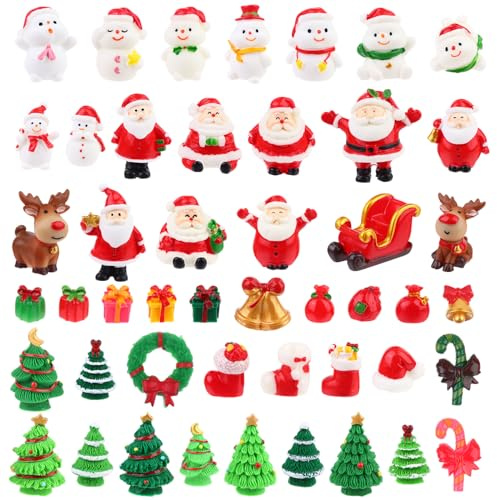 Peerless 48Pcs Miniature Figurines - Christmas Desktop Decor Kit with Resin Ornaments, Santa Claus, Snowman, Elk, Tree, Bell, Red Hat Socks