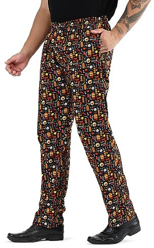 Uniformates Pantaloni da cuoco unisex stampati in cotone 100% da uomo e da donna con cordino per servizi di ristorazione, panettieri e professionisti culinari (Stampa tradizionale a lavagna, XL)