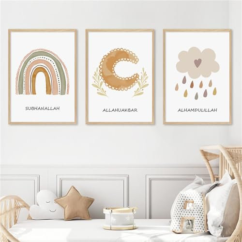 Islamische Bilder Kinderzimmer 3er Set Regenbogen Mond Wolken Poster Kinderzimmer Wanddeko Bilder Leinwand Boho Wandbilder Kinderposter Ohne Rahmen (30 x 40 cm)