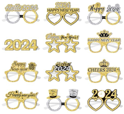XQMMGO 12 Stücke 2024 Silvester Brille, 2024 Silvester Brille Happy New Year, Happy New Year Partybrillen, Erwachsene Silvester Deko 2024, Frohes Neues Jahr Brillen Silvester Deko für Party