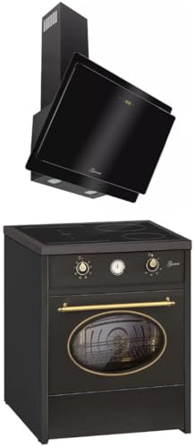 GURARI Herdset GCH E 612 BL r + GCH S 411 60 BL Prime, Retro Induktions Standherd 60 cm, Range Coocker, 60 L, Schwarz + Dunstabzugshaube, Wandhaube, Schwarzglas, Abluft/Umluft