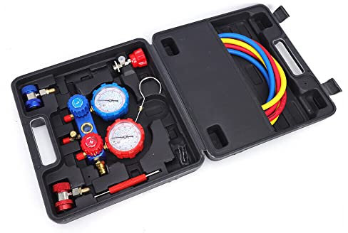 2-Wege Manifold Gauge Kit Klimaanlage befüllen Kältemittel R410A/R134A/R536A/R536G/R636G mit Anschlussadapter, Schläuche, Kältemittel, Ventilausdreher
