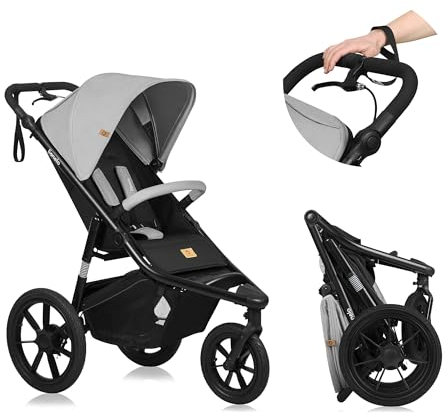 LIONELO AZURA Jogging-Kinderwagen von 6 Monaten bis 22 kg Dreirad-Jogging-Kinderwagen Verstellbare Rückenlehne in eine Liegeposition Große Lufträder Vollständige Stoßdämpfung XXL-Verdeck