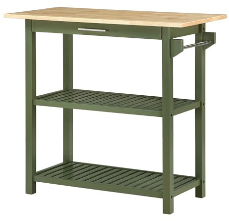 Convenience Concepts Designs2Go 3 Tier Butcher Block Kitchen Prep Island 40 - 3 Tier Modern Cooking Cart with Drawer, Food Serving Station for Kitchen, Dining Room, Dark Green Sage