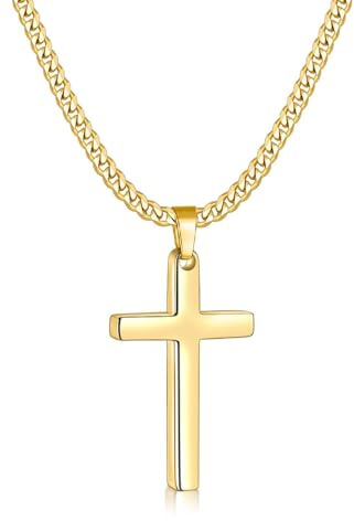 Fiusem Cross Necklace for Men and Women, 14K Gold Plated Mens Cross Necklaces with 3.5mm Cuban Chain, Stainless Steel Small Pendant Chain 20 Inches