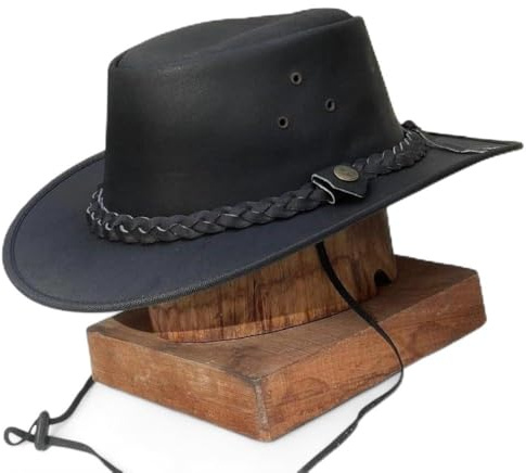 Men's Real Leather Cowboy Outback Hat Black Unisex Australian Western Style (UK, Alpha, XL, Black)