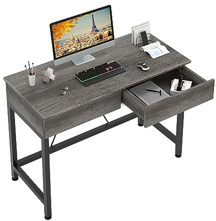 Schreibtisch mit 2 hölzernen Schubladen, Home Office Computertisch mit Lagerung, einfache moderne Kinder Schreibtisch, Arbeit Studie PC Tisch Officetisch für kleine Räume(Eiche Grau, 100x50x73cm)