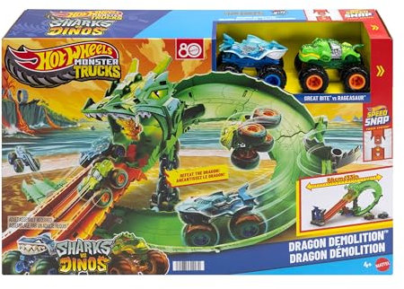 Hot Wheels Monster Trucks - Sharks vs. Dinos Dragon Destruction, set con veicoli Great Bite e Rageasaur inclusi, sconfiggi il nemico cyborg, giocattolo per bambini, 4+ anni, JGB06