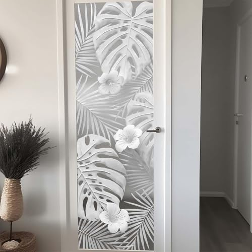 Funlife Fensterfolie Blickdicht, Pflanzen Glasfolie Selbstklebend, Weiß Pflanze Statische Fensterfolie Fenster Deko für Wohnzimmer Schlafzimmer Küche Bad, 3D Palmblätter Hibiskus