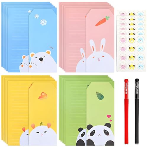 Kids Letter Writing Set, 24 Pcs Writing Paper & 12 Envelopes 4 Style Kawaii Stationery Set 7 * 10 in Lined Paper Cute Stationery Set for Girls Boys