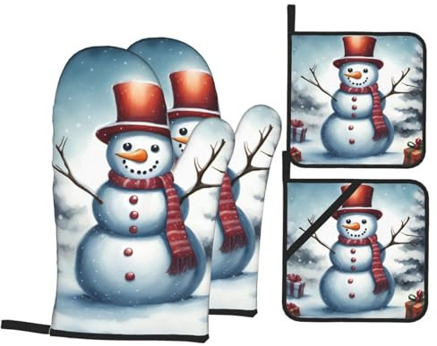 Set di guanti da forno e presine con stampa natalizia con pupazzo di neve, per cucina, forno, barbecue, uso esterno