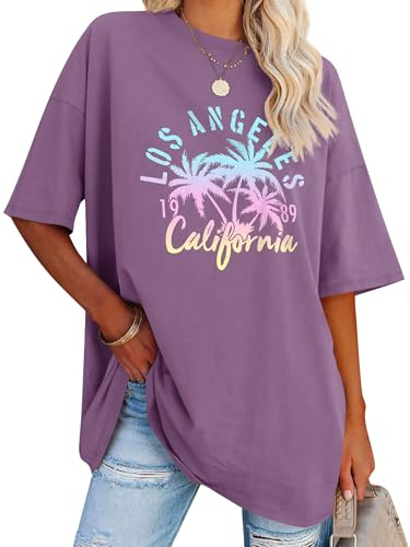 Dresswel överdimensionerad t-shirt damer Kalifornien bokstavstryck vintage t-shirt kortärmad rund hals sommar toppar lös blus lång tunika topp för tonåringar flickor, 2b-lila, S