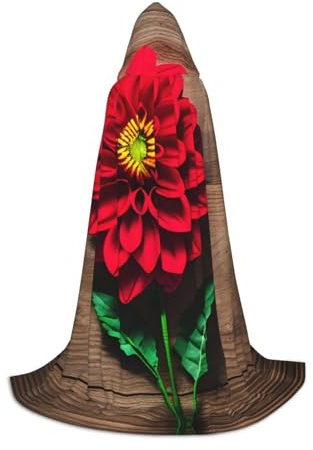 SDFHU Cape à capuche en bois rétro avec imprimé dahlia rouge et fleur rouge pour costume de sorcière, vampire, jeu de rôle, Halloween