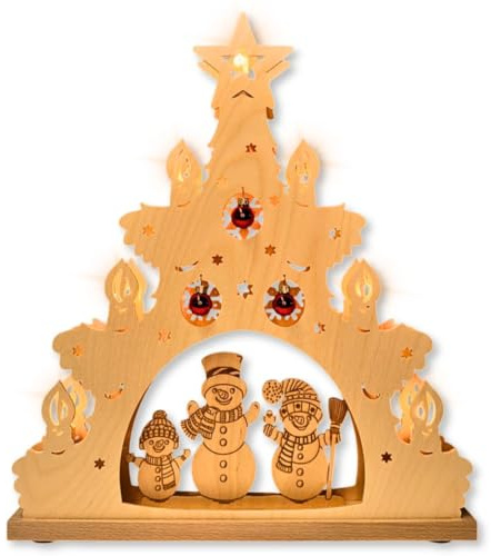 WEIGLA - Lichterspitze original Erzgebirge I Motiv Schneemannfamilie mit roten Kugeln I Lichterbogen Weihnachten I 7 Lampenkerzen + 1 Ersatzlampe I 7 x 34 V, 3 W, E10 I Weihnachtsdeko innen I aus Holz