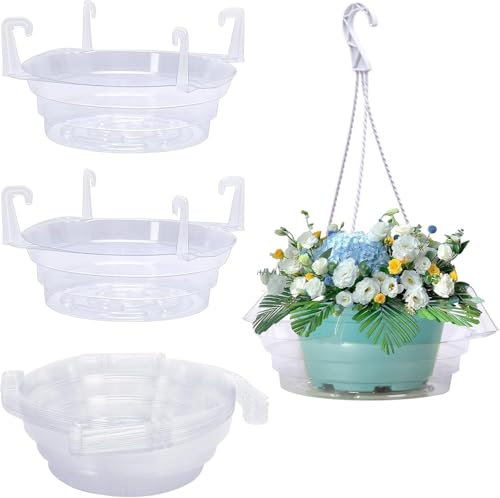 EVERDIJ 12Pcs 12 Inch Hanging Plant Water Catcher and 12pcs White Hook Set ，Clear Hanging Basket Water Catcher,Hanging Basket Drip Pan with Hooks for Indoor Outdoor Hanging Baskets Flower Pot