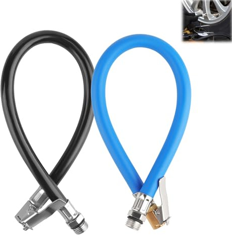 MOKIDO 2 Stück Reifenfüller Schlauch 36.5cm, Reifenfüllschlauch 12.5mm Ersatzschlauch für Luftpumpe, Autoventil Hebelstecker Adapter, Leckagefreier Ventilschlauch (Schwarz+Blau)