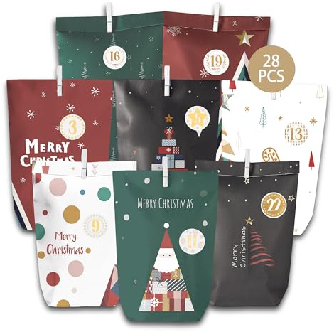 DIY Adventskalender Set zum Befüllen – 28 Papiertüten mit Zahlenaufklebern, Holzklammern und Juteschnur für Weihnachtsüberraschungen
