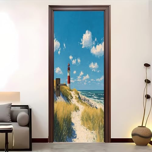 Autoadesivo Adesivo Per Porte 3d 77x200 cm Tema Del Faro Sul Mare Adesivo Porta Pvc Impermeabile Rimovibile Blu Poster Per Porte Soggiorno Cucina Camerette Art Applique