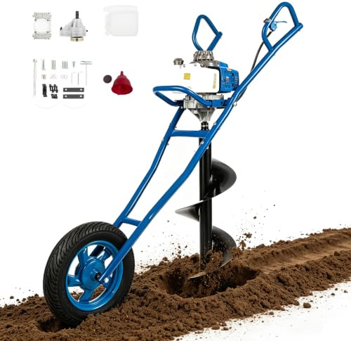 BAOCHADA 63CC Benzin Erdbohrer 2-Takt Post Hole Digger mit Handwagen Ø300mm | | 8800±300rpm 2,2 kW | Erdbohrer Benzin Einzylinder luftgekühlt mit Schalldämpfer für Zaun Erdbohrer Garten Baumpflanzung