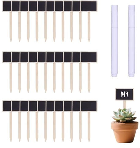 30PCS Wooden Plant Labels T-Type: Chalkboard Garden Markers with 2 Marking Pens for Indoor and Outdoor Use - for Herbs, Flowers, Vegetables, and Seedlings