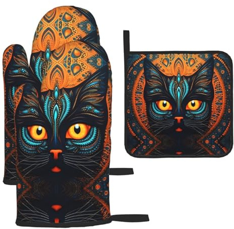 WZYWHJ Lot de 3 gants de cuisine longs et épais avec motif tête de chat à gros visage