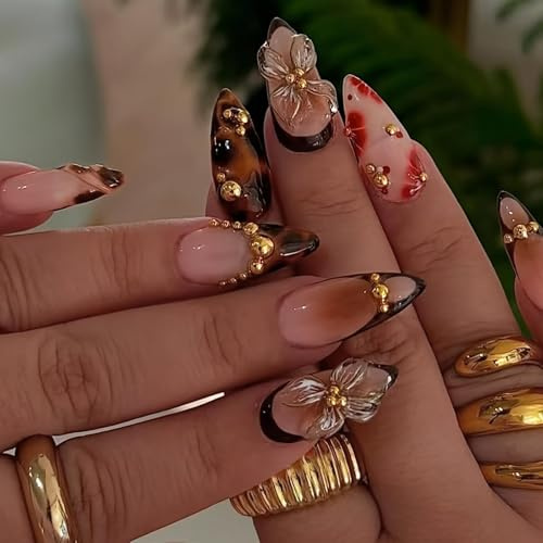 BelleFlair 24Pcs 3D Press on Nails Almond, ongles artificiels faits à la main avec design, flocons d'or marron fleurs écaille de tortue léopard, ongles à pression style français, ongles pour femmes