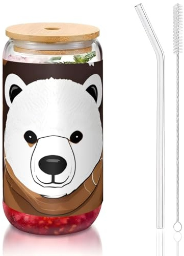 DUWAA Verres à bière en forme d'ours brun avec couvercles en bambou et paille en verre - 473 ml