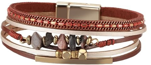 Böhmische Leder-Wickelarmbänder Für Damen, Manschettenarmbänder Aus Natürlichen Rohkristallperlen, Goldene Röhrenarmreifen, Handgefertigtes Mehrschichtiges Armband Mit Magnetverschluss, Rot, 1