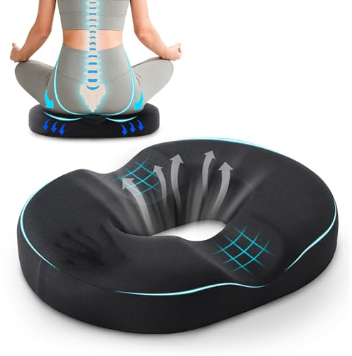 BRO Donut Cushion for Hemorrhoids and Tailbone Pain Relief, Memory Foam | Ergonomic Seat Doughnut Pillow, Ice-silk Cover, Relieves Sciatica and Pressure, for Office Chair, Wheelchair, Car, Black