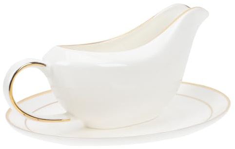 TIDTALEO Ceramic Sauce Boat and Gravy Container Set with Gold-Trimmed Drip Spout and Matching Boat Saucer, Western Style Tableware for Kitchen Dining and Sauce Serving