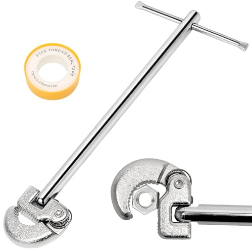 FL HUA Adjustable Basin Wrench 8-28mm, Multifunctional Sink Wrench with PTFE Tape, Heavy Duty Sink Tap Spanner for Tight Space Fixing Back and Union Nuts