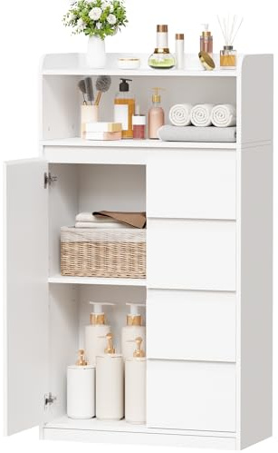 ANWBROAD Armario de Baño con 4 Cajones, 1 Puerta de Armario y Estantes Ajustables, Armario de Almacenamiento para Baño, Salón, Cocina, Blanco, 110 x 60 x 30 cm, SBC014W