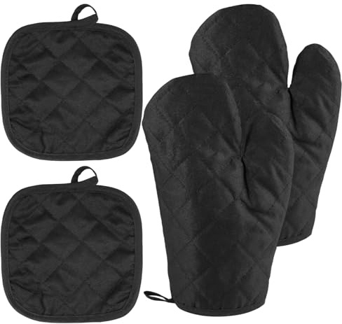 Ofenhandschuhe Schwarz mit 2 Topflappen | Topfhandschuhe Baumwolle, Kochhandschuhe, Backofen Handschuhe zum Backen, Barbecue Isolation, Hitzebeständig Bis 220°C