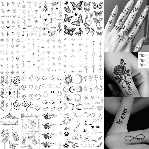 Glamoreal 20 pezzi di piccoli tatuaggi neri con rose e fiori, tatuaggi temporanei per donna e adulti, piccoli tatuaggi realistici con frecce, mezzaluna e stelle per dita e mani