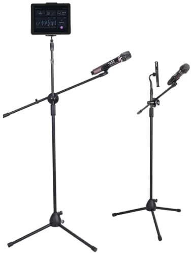 Soporte de trípode para tablet con brazo de micrófono, soporte de suelo ajustable con soporte para tablet y clip de micrófono, soporte telescópico portátil de acero al carbono para cantar, transmitir