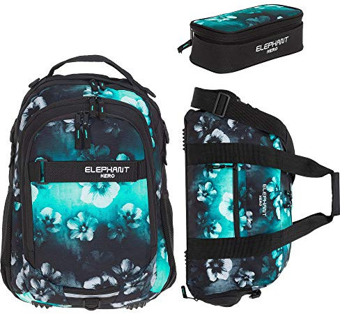 Elephant 3 Teile Set Schulrucksack Hero Signature Rucksack + Sporttasche + Mäppchen 12609 (Flower Türkis-Schwarz Verlauf)