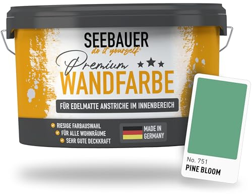 SEEBAUER diy Wandfarbe Grün 2,5L für Innen (No. 751 Pine Bloom) Edelmatte grüne Innenfarbe - Grüntöne sehr hohe Deckkraft - Matt, Abwaschbar und Tropffrei