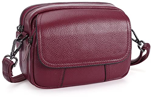 HAWEE Moda Donna Borsa a Tracolla in Vera Pelle Borsa per Telefono Piccola Portafoglio con Tre Cerniere Borsa a Tracolla per Cellulare per Ragazze Signore, Rosso