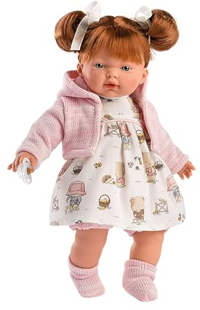 Llorens 1033138 Puppe Lea mit roten Haaren und blauen Augen, Babypuppe mit weichem Körper, inkl. Schnuller, 33 cm, Blau/Rot