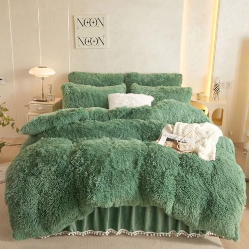 HAIHUA Faux Fur Sage Green Comforter Cover Queen Set, Soft Fluffy Shaggy Sage Green Bedding Queen Set 3 Pieces (1 Fuzzy Duvet Cover + 2 Plush Pillow Cases) Furry Bed Set, Zipper Closure