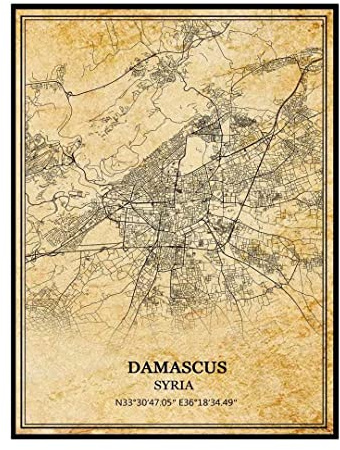 TANOKCRS Damaskus Syrien väggkonst vintage tryck affisch karta konstverk resa souvenir gåva heminredning 24 x 28 cm oinramad