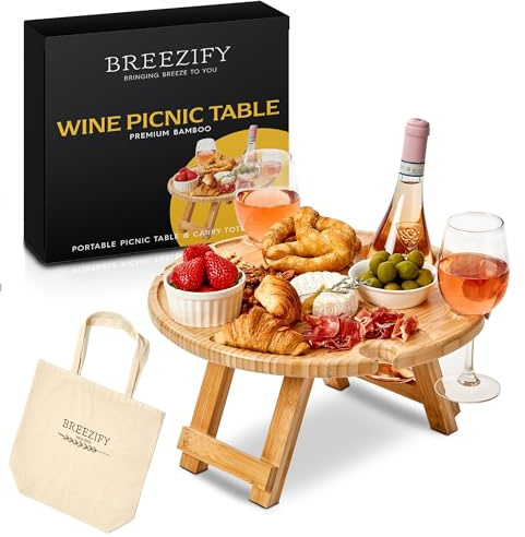 BREEZIFY Folding Portable Wine Picnic Table with Carry Bag, Clever Gifts for Women, Outdoor Picnic Accessories Essentials, Bamboo Mini Tray with Glass Holders for Indoor, Beach, Concert, Camping