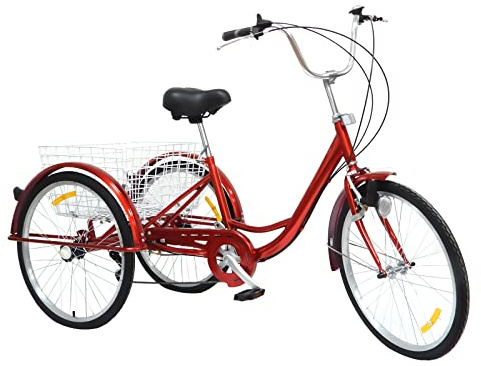 Chynalys 24'' Tricycle Adult for Adults with Lamp, Portable 6 Speed Adult Trike Tricycle Bike with Basket, Cargo Trike Cruiser Cycling Tricycle Bike Cruiser Bikes for Outdoor Shopping.