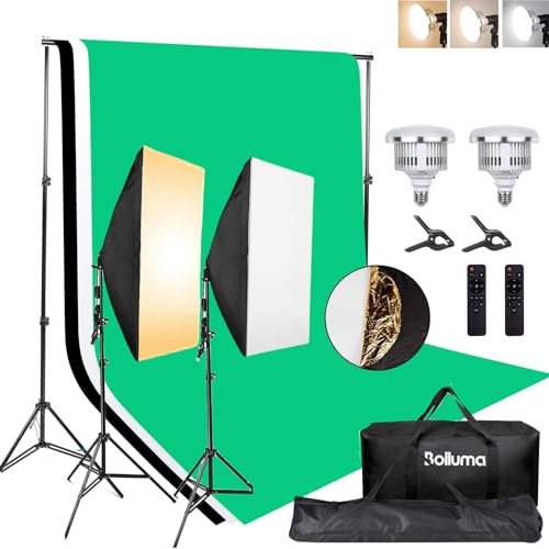 BOLLUMA Kit Softbox Professionnel: 1 x système de Support, 2 x Ampoule LED à intensité Variable de 50W, 2 x Support d'éclairage, 2X softbox, 1 x réflecteur, 2X Sac de Transport pour Photographie